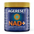 Supplement jar labeled 'Agereset by Joyslife' with blue body and gold lid on a white background