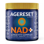 Supplement jar labeled 'Agereset by Joyslife' with blue body and gold lid on a white background