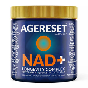 Supplement jar labeled 'Agereset by Joyslife' with blue body and gold lid on a white background