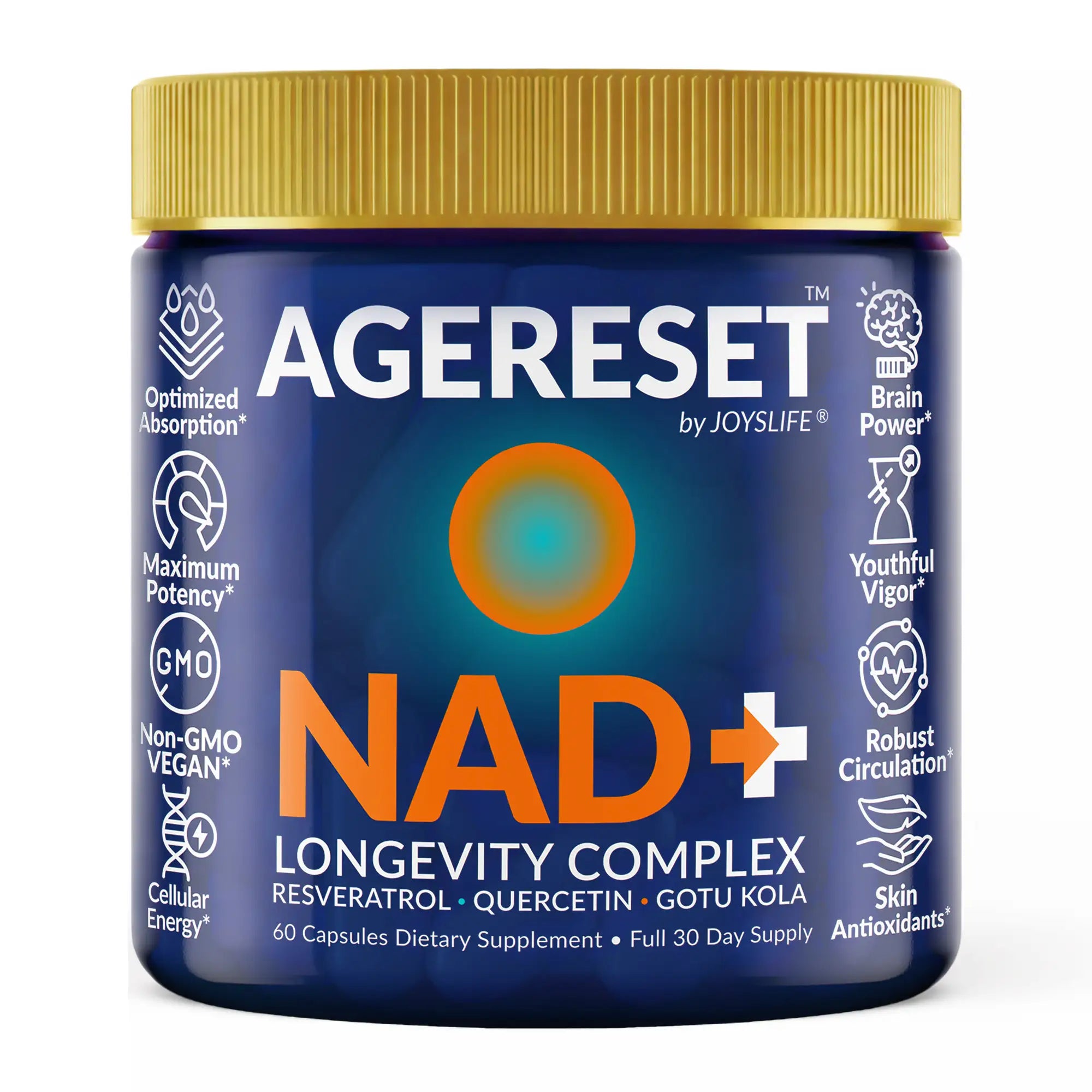 Supplement jar labeled 'Agereset by Joyslife' with blue body and gold lid on a white background