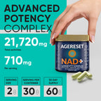 Agereset NAD+ supplement jar with hand holding it, on a teal and gray background.