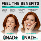 Advertisement for NAD+ supplement showing a woman with energy levels displayed.