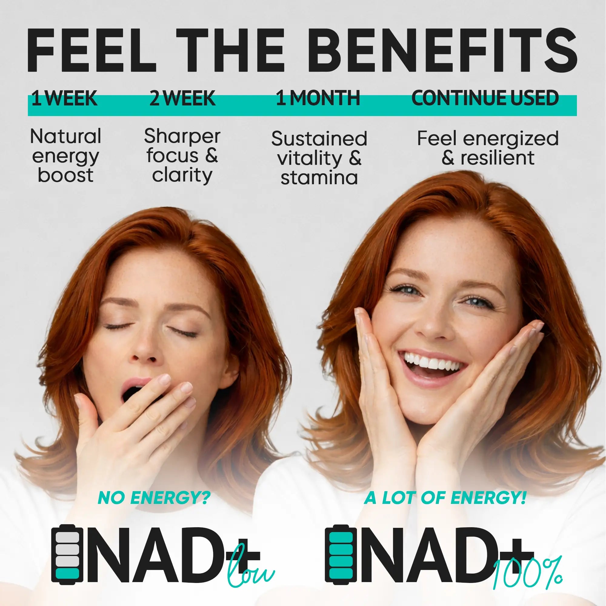 Advertisement for NAD+ supplement showing a woman with energy levels displayed.