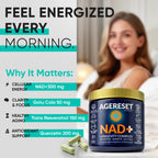 Agereset supplement jar with a woman in the background and text about energy and health benefits.