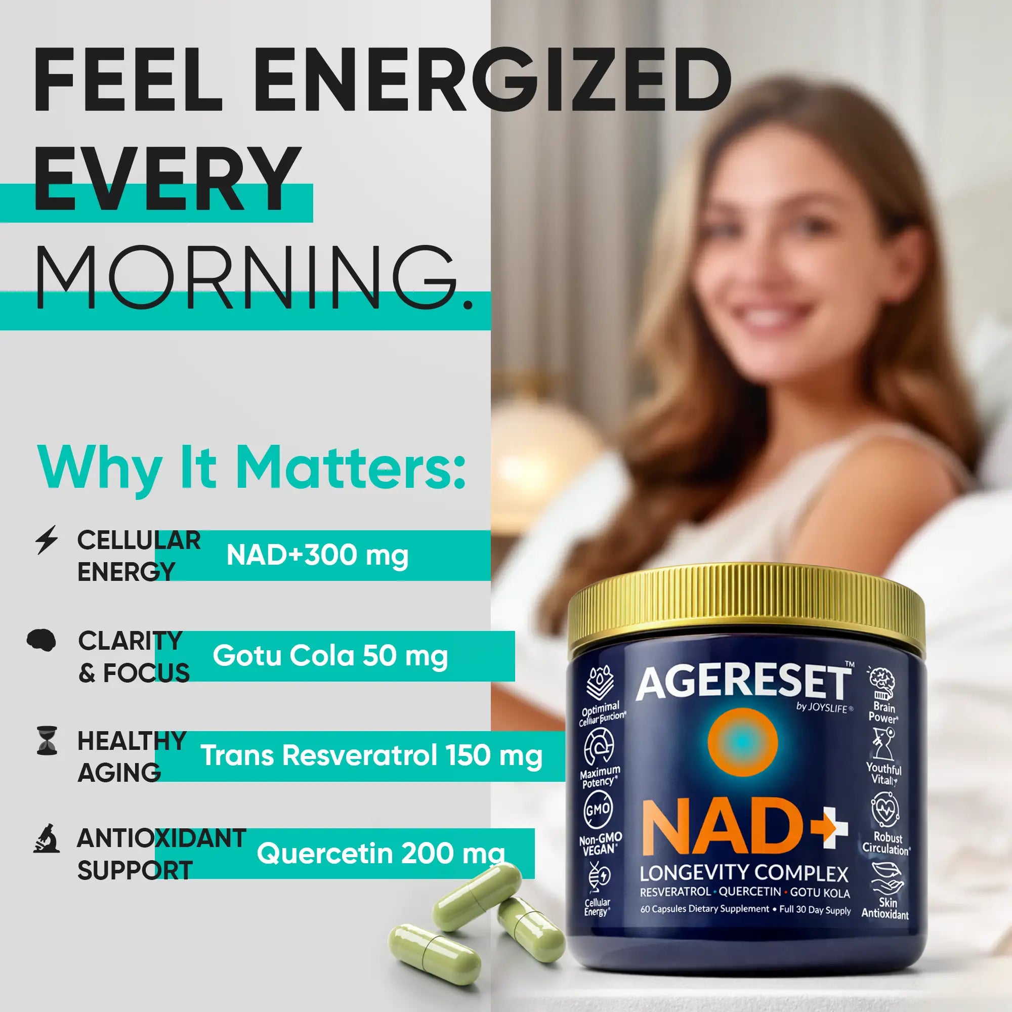 Agereset supplement jar with a woman in the background and text about energy and health benefits.
