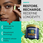 Advertisement for AGERESSET NAD+ supplement with text about benefits and product features.