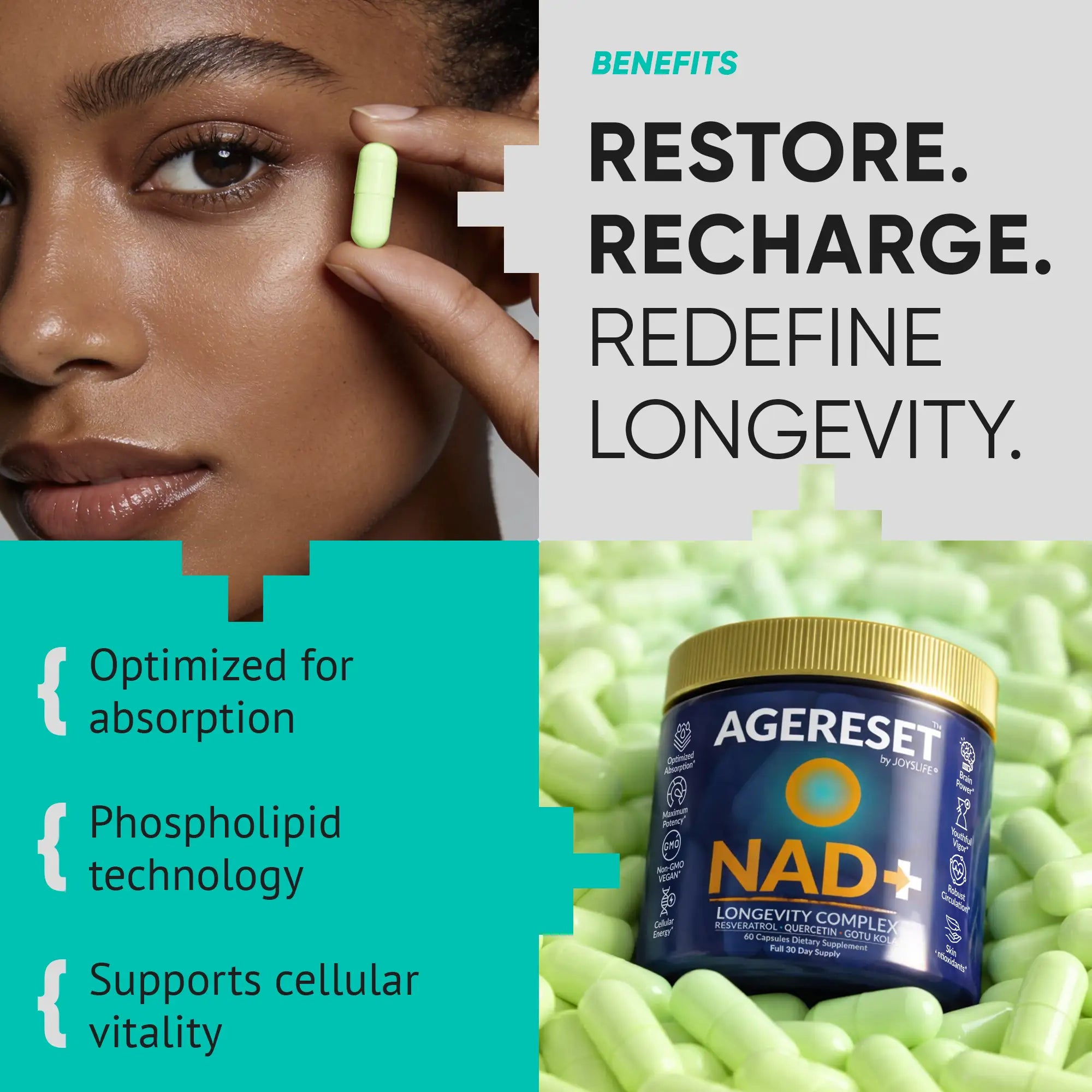 Advertisement for AGERESSET NAD+ supplement with text about benefits and product features.