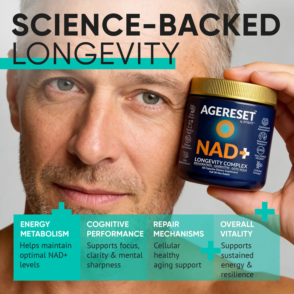 Man holding Agereset NAD+ supplement with product details on a gray background