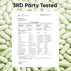 Test report for green capsules with '3RD Party Tested' text and Swift Laboratory branding.